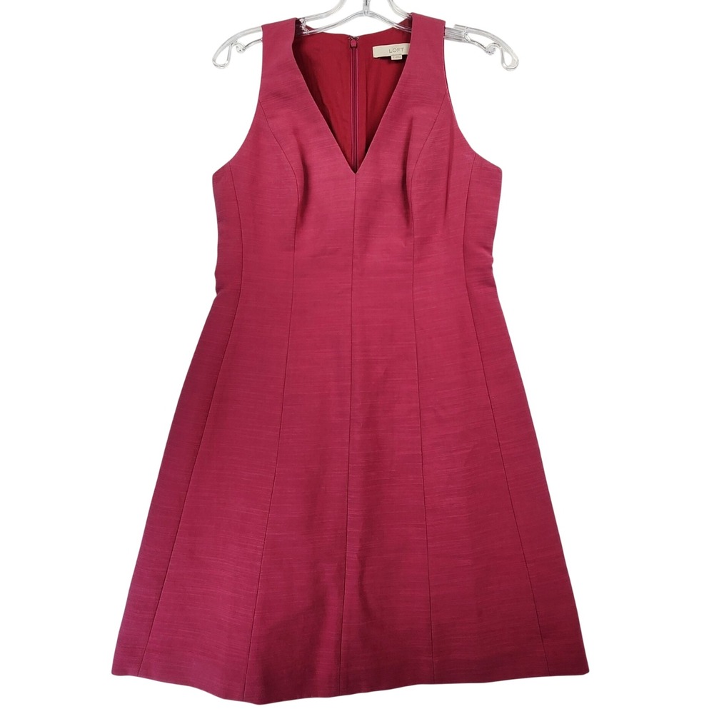 LOFT 2 Pink Sleeveless V-Neck Fit Flare Dress Textured Career Classic Preppy